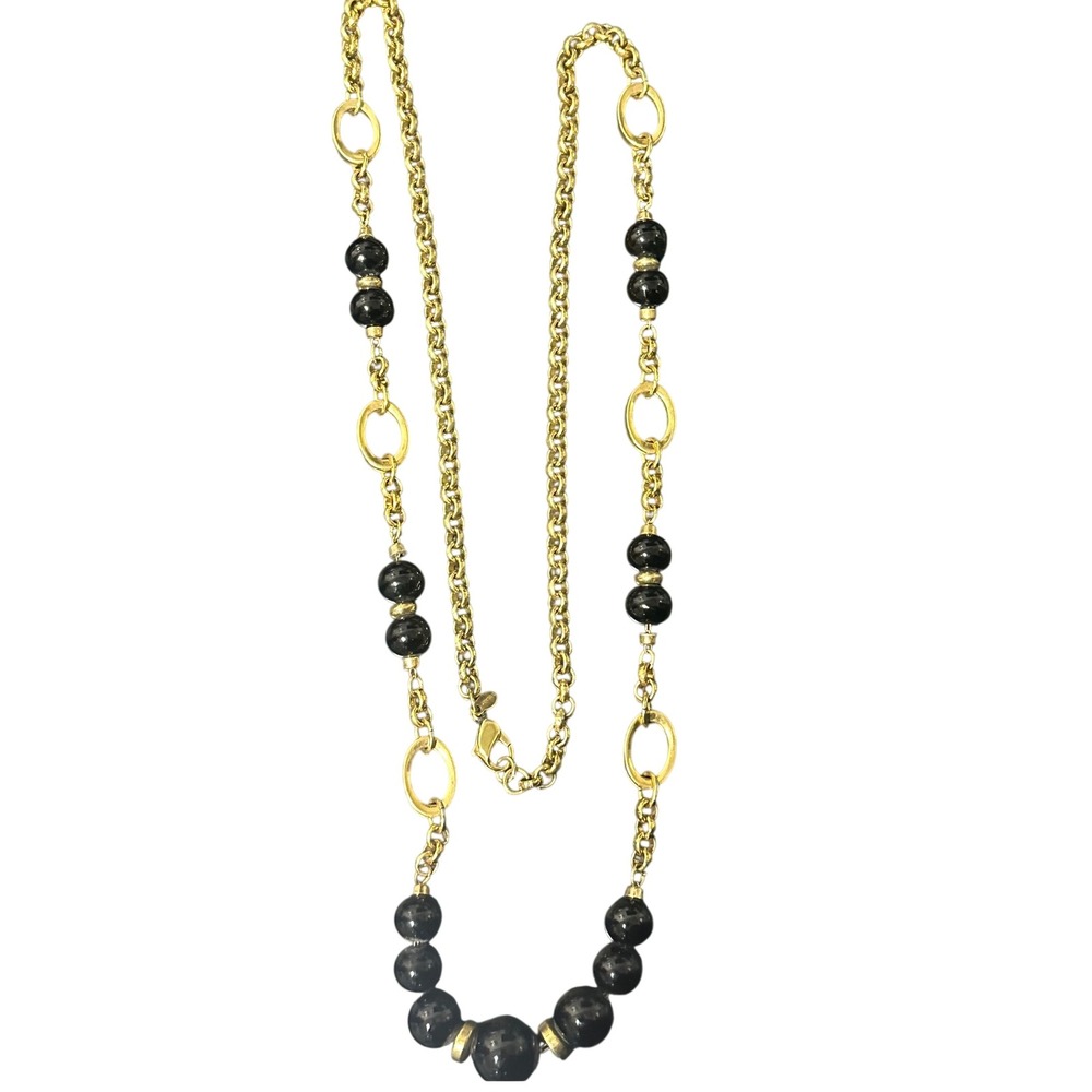 Vintage Signed © MONET Black Bead & Gold Tone Long Chain Station Necklace 1980s